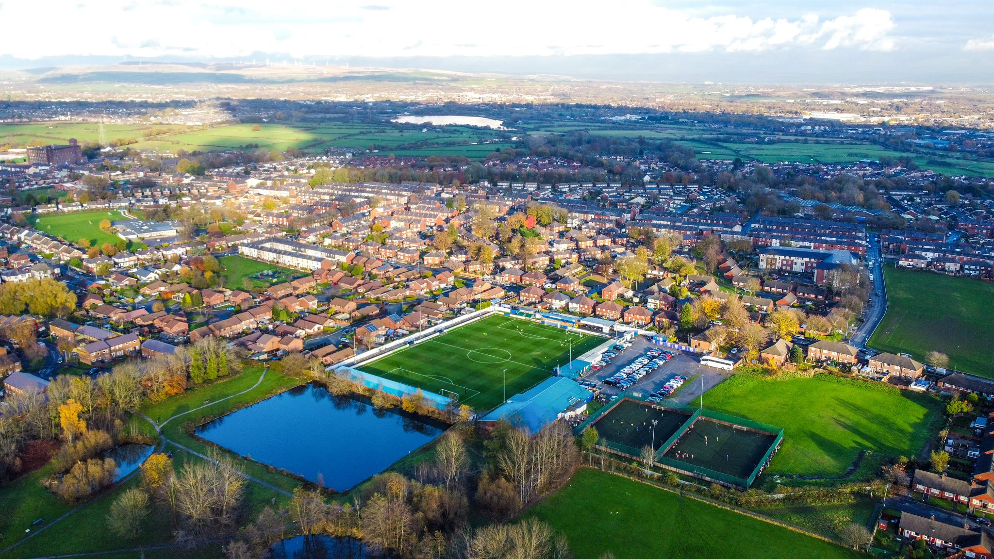 Aerial view of Radcliffe FC's Neuven Stadium in Greater Manchester